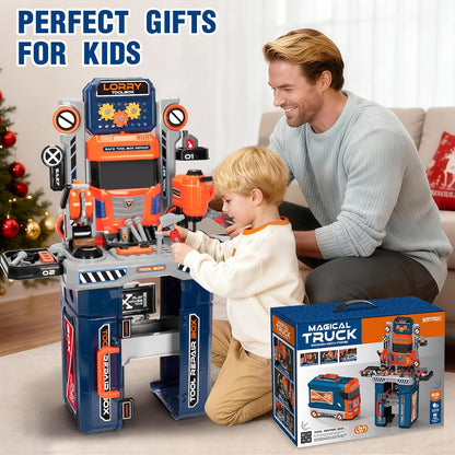 Kids Tool Bench with Electric Drill and Chair, Christmas Birthday Gift for Boys Girls Age 3,4,5+ Fun Play Kids Workbench, Transformable Toddler Tool Box Set, Construction Tool Toys for Toddler 3-5