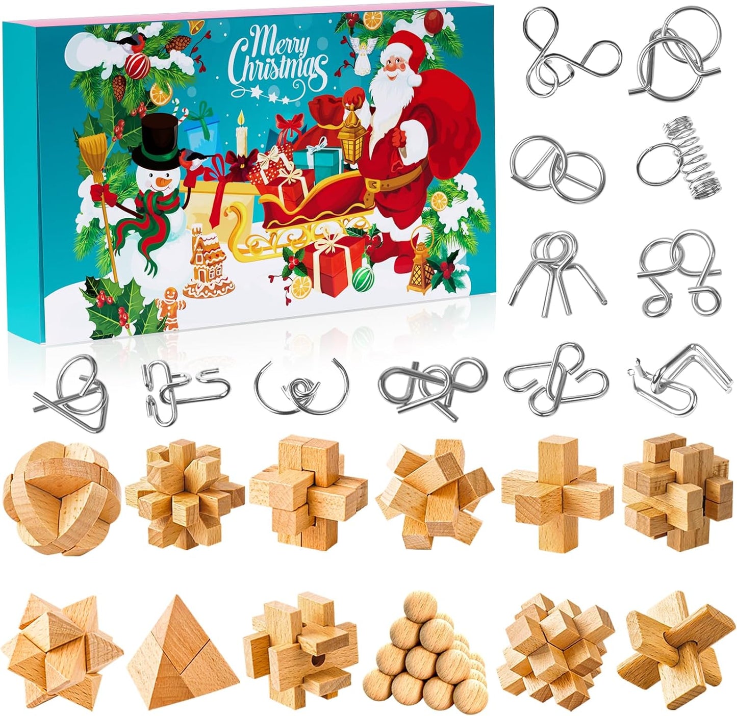 Advent Calendar 2025 Brain Teaser for Kids & Adults - 24 Days of Metal Puzzle Ring & Wooden Toy Games, Christmas Countdown with Mind IQ Logic Challenges, Unlock Interlock Gift for Boys Girls Teens