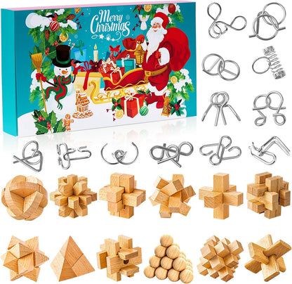 Advent Calendar 2025 Brain Teaser for Kids & Adults - 24 Days of Metal Puzzle Ring & Wooden Toy Games, Christmas Countdown with Mind IQ Logic Challenges, Unlock Interlock Gift for Boys Girls Teens