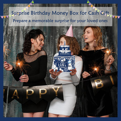 Birthday Money Box for Cash Gift Pull, Surprise Gift Boxes for Money, Money Holder Box with Pull Out Happy Birthday Card and 50Pcs Transparent Bags, Money Gift Ideas for Kids and Adults