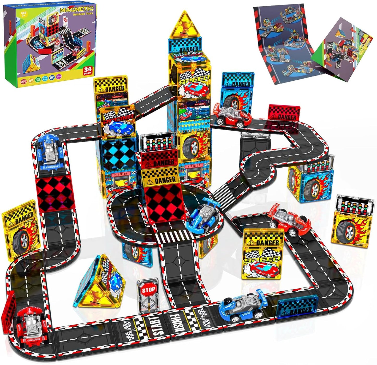 Magnetic Tiles Road Set | Magnet Tiles Race Track, Magnetic Car Racing Tile for Kids Ages 4-8 5-7, Toddler Magnet Building Toys STEM Learning Sensory Birthday Gifts for 3+ Years Old Boys Girls