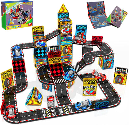 Magnetic Tiles Road Set | Magnet Tiles Race Track, Magnetic Car Racing Tile for Kids Ages 4-8 5-7, Toddler Magnet Building Toys STEM Learning Sensory Birthday Gifts for 3+ Years Old Boys Girls