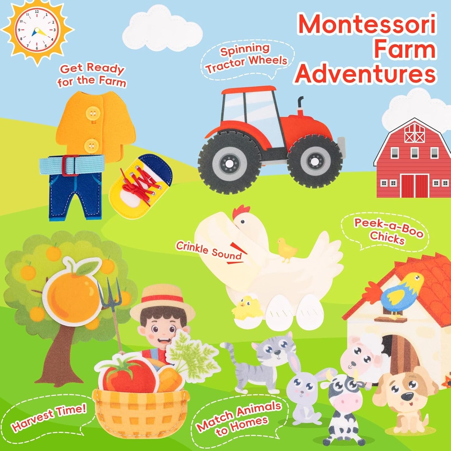 Busy Book for Toddlers - Montessori Sensory Toys for Boys & Girls Preschool Learning, 8-Page Felt Quiet Activity Board for Fine Motor Skills, Travel Toys for Airplane Car Games (Farm Animals)