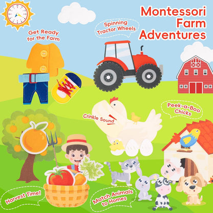 Busy Book for Toddlers - Montessori Sensory Toys for Boys & Girls Preschool Learning, 8-Page Felt Quiet Activity Board for Fine Motor Skills, Travel Toys for Airplane Car Games (Farm Animals)