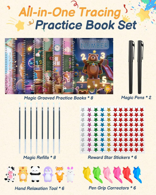 Magic Grooved Writing Practice for Kids Ages 3–8 – 8-Book Reusable 3D Handwriting & Tracing Workbook Kit with Disappearing Ink, Preschool Learning Activity