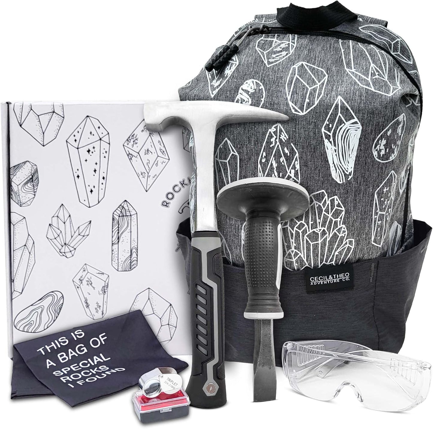 Rockhounding Tool Kit for Teens & Adults - Rock Collecting Equipment Essentials - Rock Pick Hammer & Chisel - 6 Piece Outdoor Geology Set - Mining Tools w/Small Rock Hounding Backpack, Gray