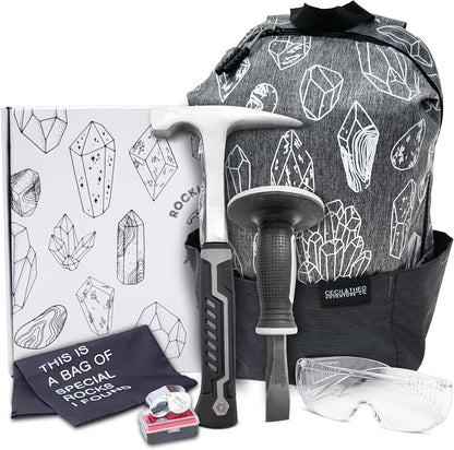 Rockhounding Tool Kit for Teens & Adults - Rock Collecting Equipment Essentials - Rock Pick Hammer & Chisel - 6 Piece Outdoor Geology Set - Mining Tools w/Small Rock Hounding Backpack, Gray