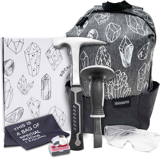 Rockhounding Tool Kit for Teens & Adults - Rock Collecting Equipment Essentials - Rock Pick Hammer & Chisel - 6 Piece Outdoor Geology Set - Mining Tools w/Small Rock Hounding Backpack, Gray