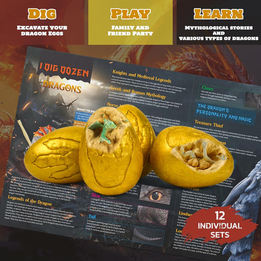 Dig a Dozen Dragon Egg Dig Kit-12 Pack Golden Dragon Eggs Excavation Science Toys with Tools & Mythical Learning Guide, Dragon Toys Gift 3-12 Year Old, Birthday Party Favors Gifts for Kids Boys Girls