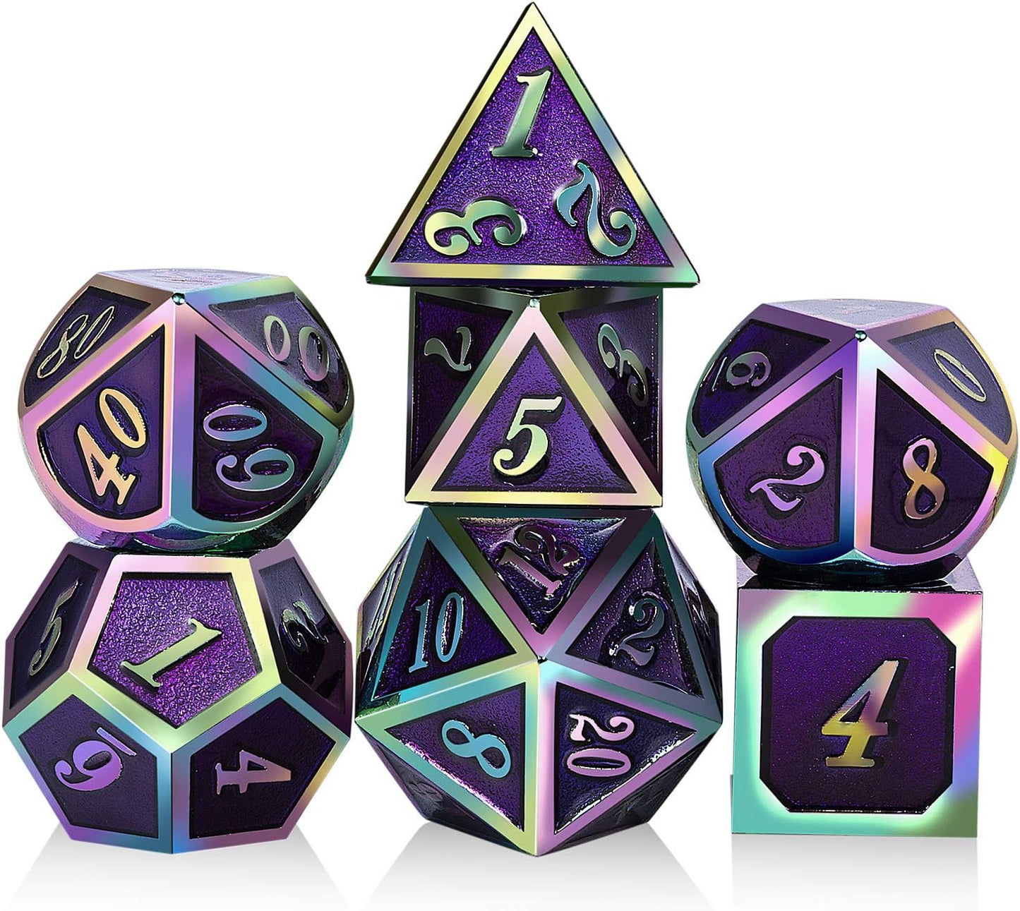 DnDnD Heavy Polyhedral Metal Dice Set with Metal Box, 7-die Shiny Blue Surface with Golden Number for RPG,Dungeons and Dragons,Pathfinder,Shadowrun,D&D,Role Palying Game and Math Teaching - Colors A