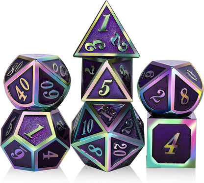 DnDnD Heavy Polyhedral Metal Dice Set with Metal Box, 7-die Shiny Blue Surface with Golden Number for RPG,Dungeons and Dragons,Pathfinder,Shadowrun,D&D,Role Palying Game and Math Teaching - Colors A