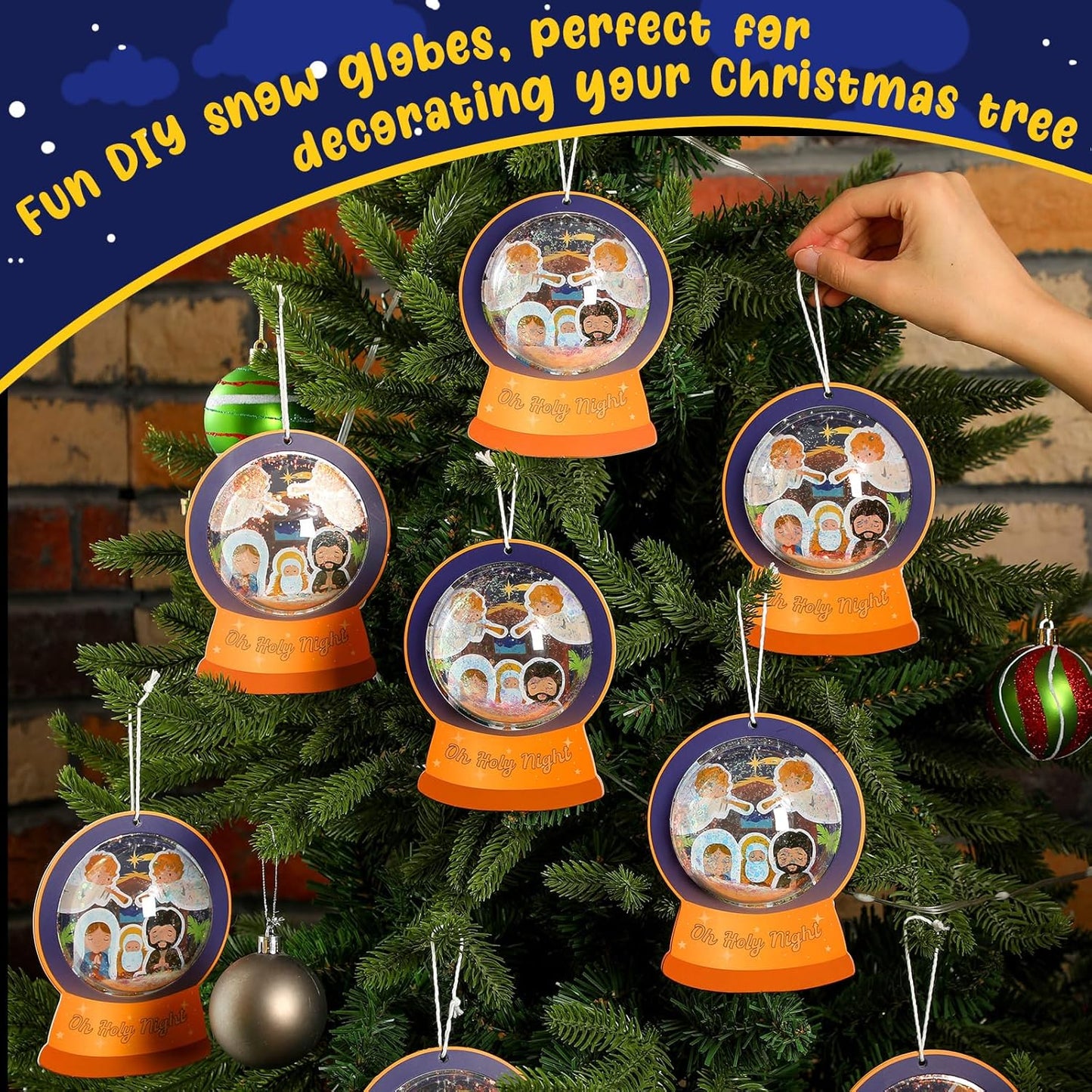 Threehoney 24 Pack Easter Nativity Craft Kit for Kids Toddler Jesus Birth Advent DIY Snow Globe Hanging Ornament with Glitter Sequin Paper Religious Holiday Classroom Decor(Joy,Silver)