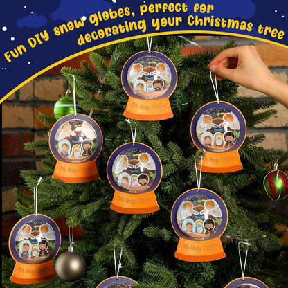 Threehoney 24 Pack Easter Nativity Craft Kit for Kids Toddler Jesus Birth Advent DIY Snow Globe Hanging Ornament with Glitter Sequin Paper Religious Holiday Classroom Decor(Joy,Silver)
