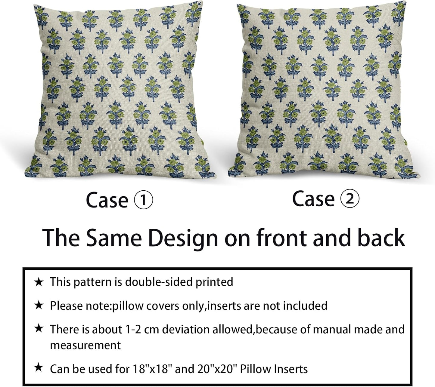 Sage Green Blue Floral Block Print Pillow Covers 18x18 Set of 2 Spring Flower Pattern Decorative Throw Pillowcases Outdoor Rustic Farmhouse Square Cushion Cases Decor for Home Couch Sofa Bed