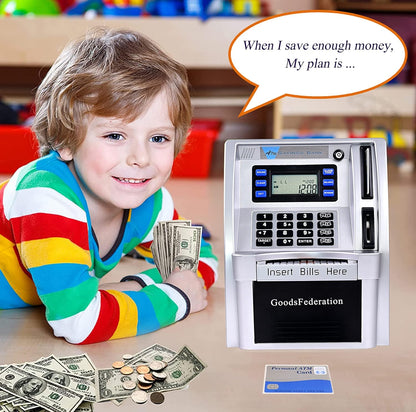ATM Piggy Bank for Real Money for Kids Adults,Toy Money Bank with Card,Password,Coin Recognition,Bill Feeder,Balance Calculator,Electronic Money Safe Coin Box,Hot Gift for Boys Girls
