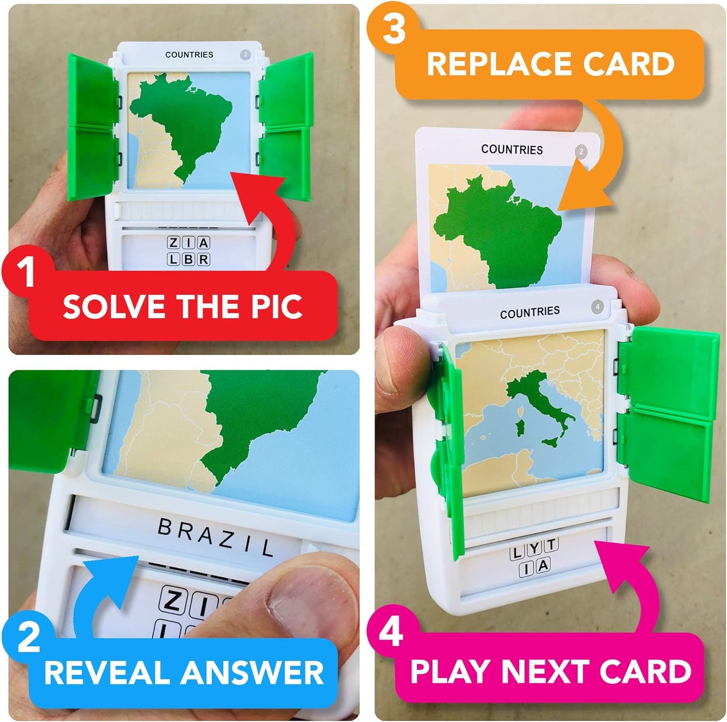 100 PICS Brain Teasers Travel Game - Solve 100 Puzzles | Flash Cards with Slide Reveal Case | Card Game, Gift, Stocking Stuffer | Hours of Fun for Kids and Adults | Age 6+