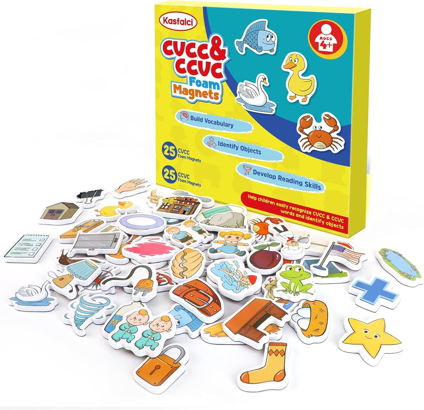 Kasfalci CVCC & CCVC Word Games, 50 Magnetic Foam Objects Fridge Magnets for Kids, Speech Therapy Toys for Toddler, Learn to Read Spelling Reading Learning Phonics for Preschool Kindergarten Classroom