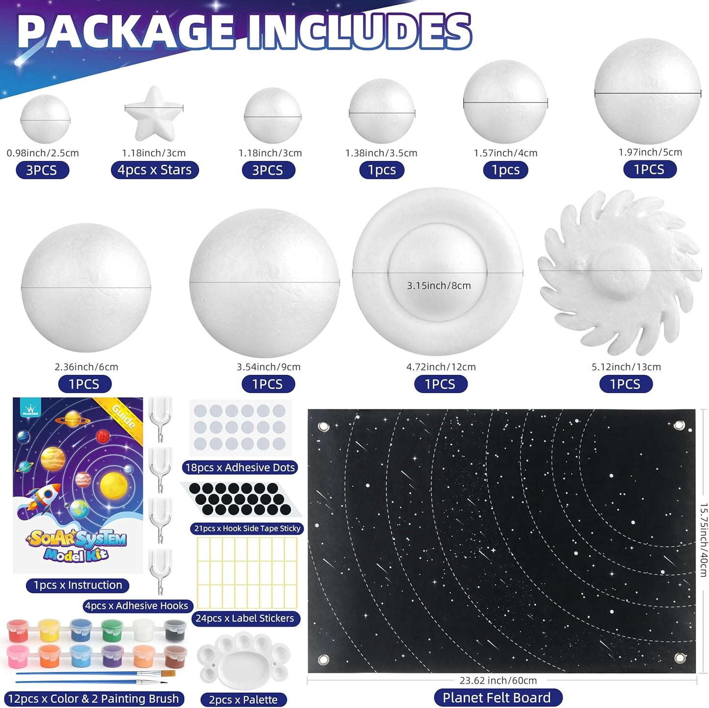 Solar System Project Kit for Kids, Solar System Model Toy Kit for Kids, Learn School Space Planet Science Project of Mix Foam Balls, Planet Felt Board, Brushes, Adhesive Hooks, Instruction