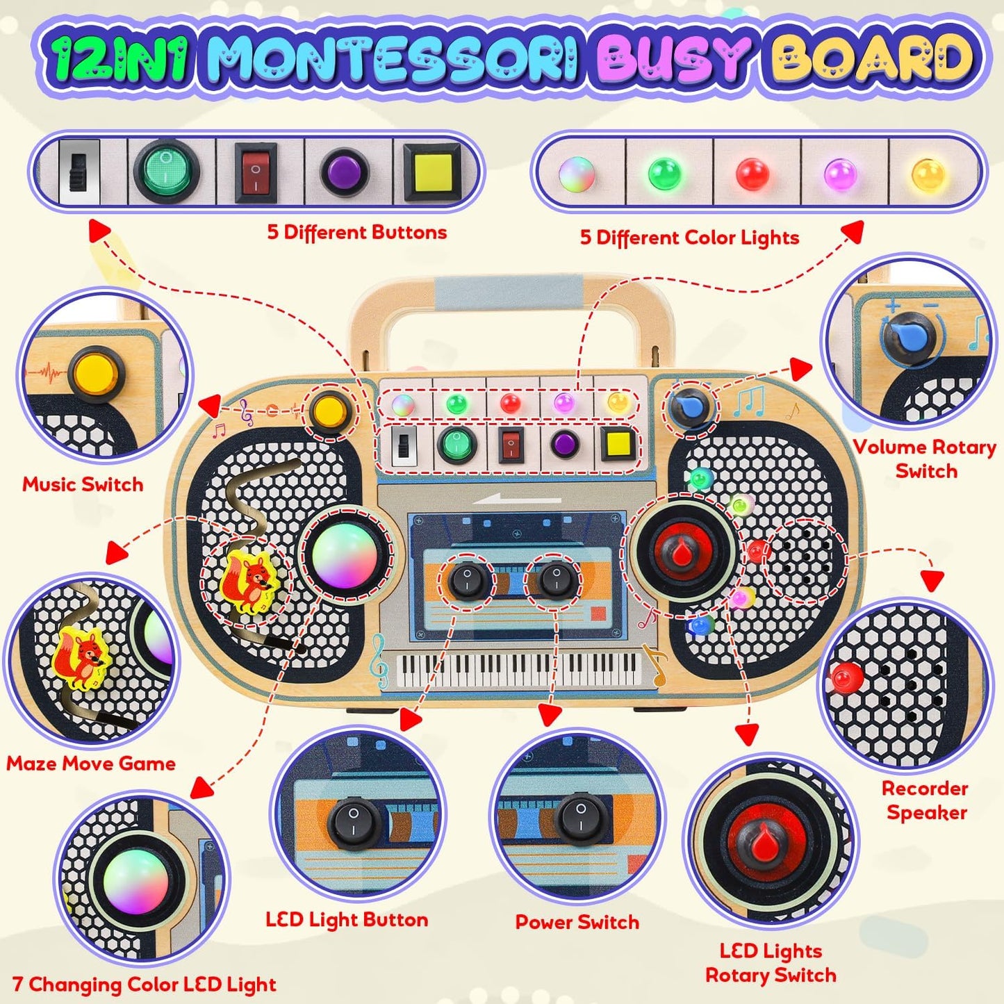 Ansee Busy Board Montessori Toys for Toddlers, Wooden Sensory Toys with LED Light, Switches, Music, Labyrinth, Adjust Volume, 2 DIY Stickers, Learning Travel Toys