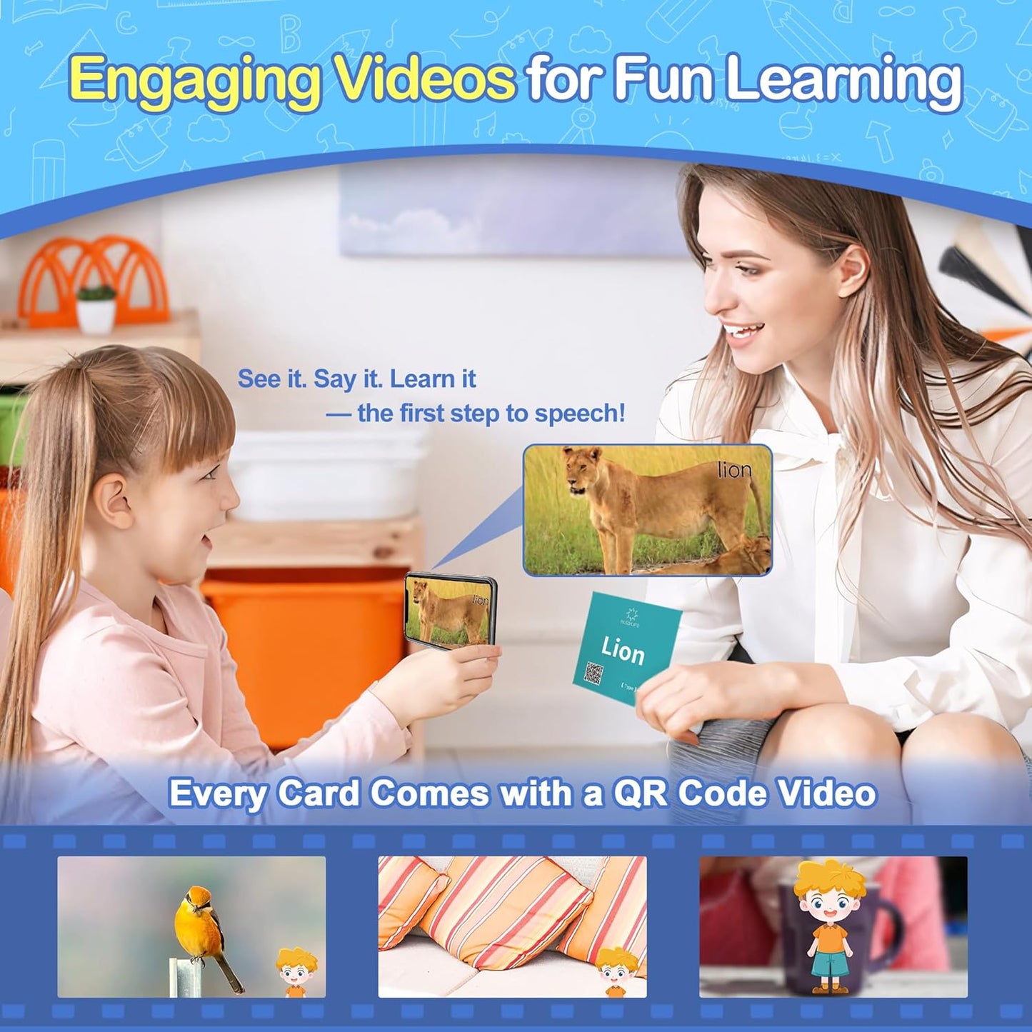 Thick Baby Flash Cards for Toddlers 1-3 Sight Words Flash Cards for Kindergarten，50 First Words Fun Video Flash Cards for Toddlers，Learning Resources Kids Aba Therapy Materials