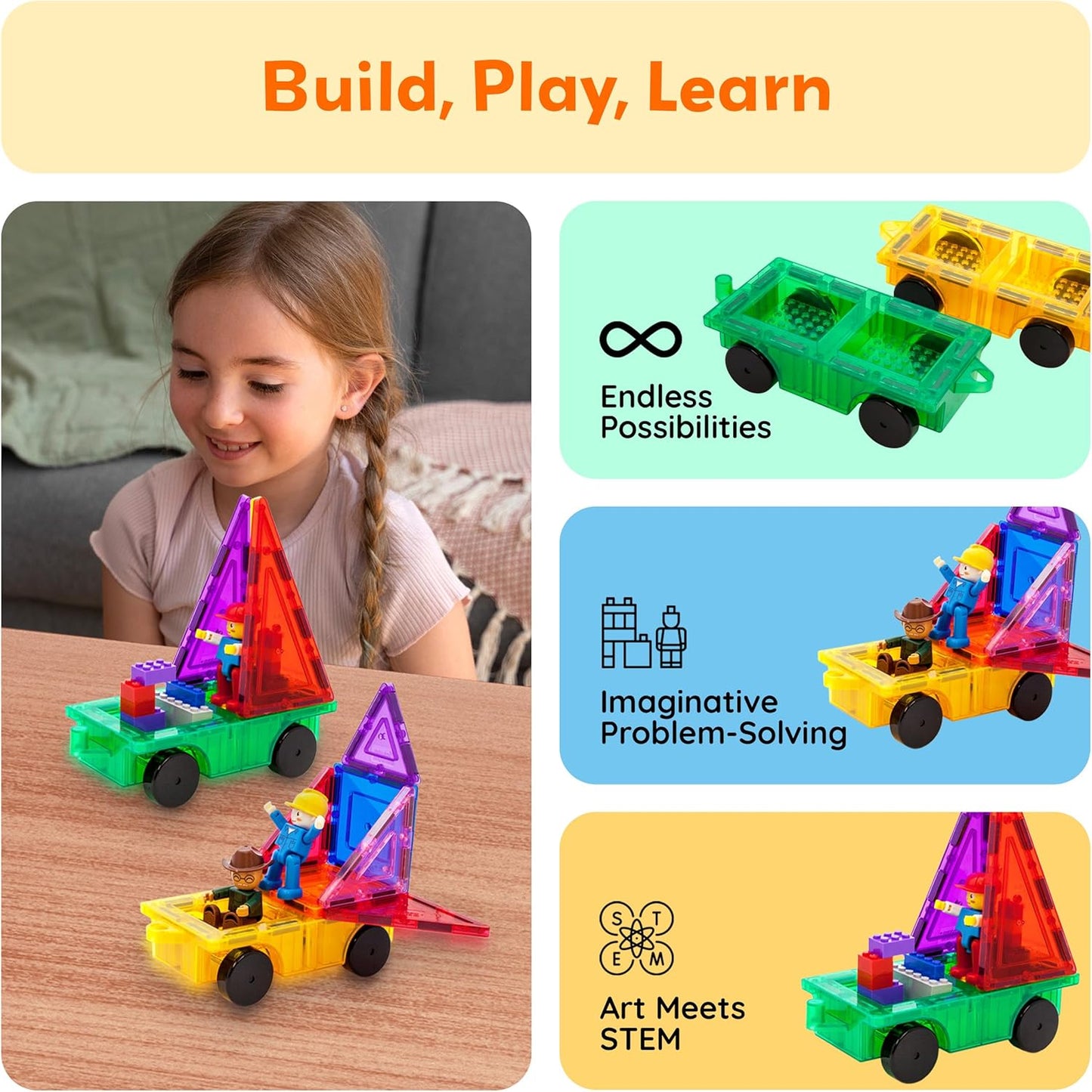 PicassoTiles 2 Piece Car Truck Construction Kit Toy Set Vehicle for Magnetic Blocks Building Tile Sensory Magnet Toys with Re-Enforced Hitch & Long Bed Educational Puzzle Girls Boys Toddlers Ages 3+