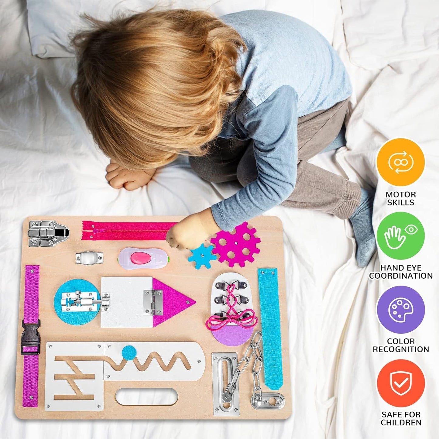 Montessori Busy Board for Toddlers, Wooden Sensory Toys, Preschool Learning Activities for Fine Motor Skills Travel Toy, Basic Life Skills Educational Gifts for 1 2 3 Years Old Kids Boys Girls