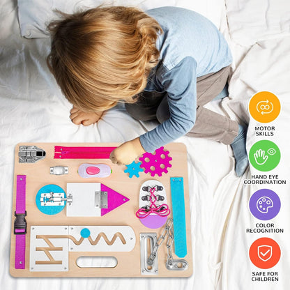 Montessori Busy Board for Toddlers, Wooden Sensory Toys, Preschool Learning Activities for Fine Motor Skills Travel Toy, Basic Life Skills Educational Gifts for 1 2 3 Years Old Kids Boys Girls