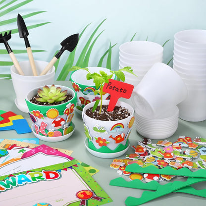 Elcoho 24 Packs Garden Plastic Pot Craft Kit Plant Spring Craft Kits for Kids Flower Pots with 150 Foam Stickers 36 Labels 24 Certificate of Awards 3 Tools Planting Growing Kit for Kids