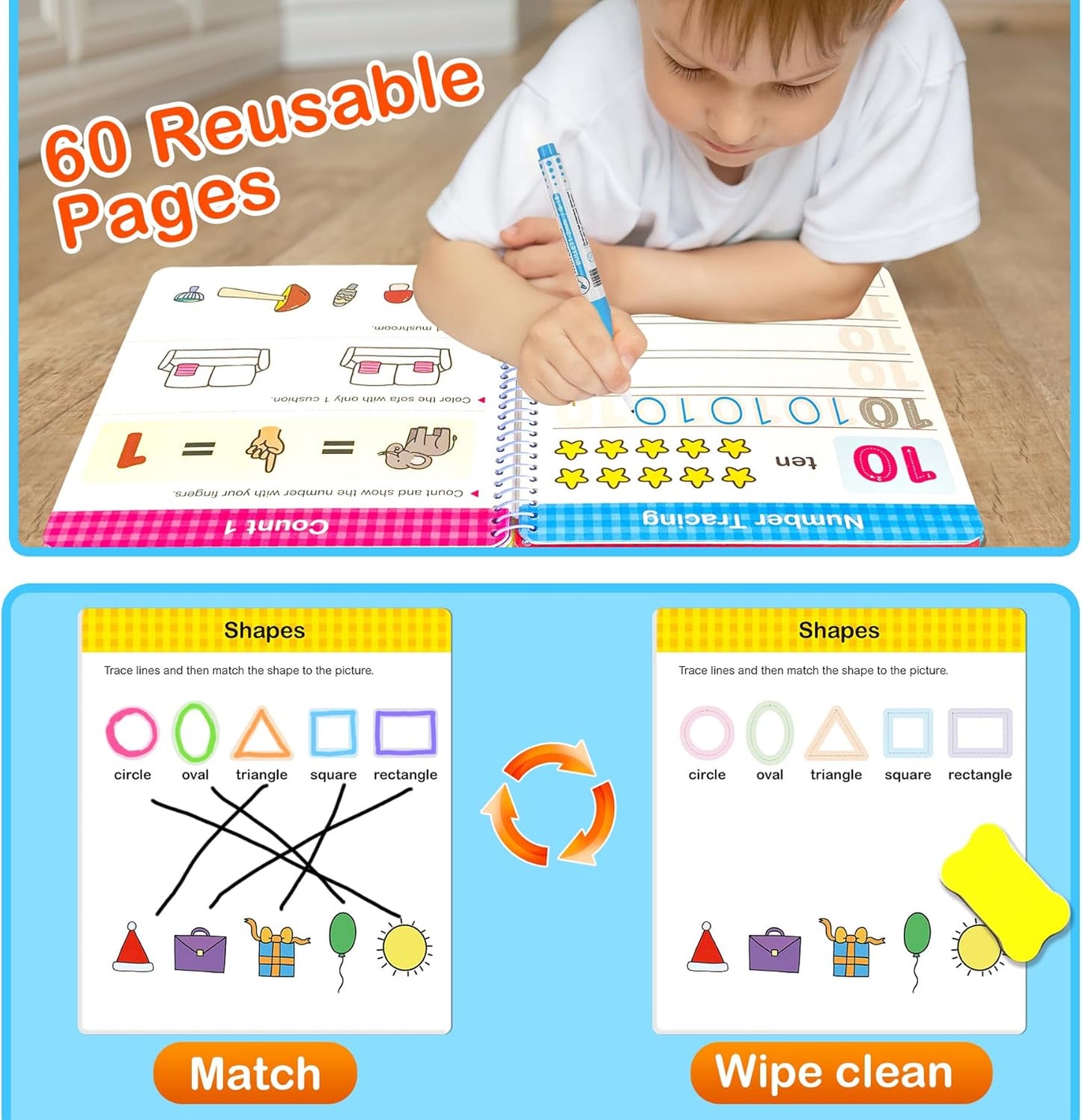 Preschool Learning Activities 60 Reusable Pages, Tracing Letter Number Handwriting Practice Book for Kids, Montessori Autism Educational Fine Motor Toddler Learning Toys for 3 4 5 Year Olds