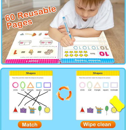 Preschool Learning Activities 60 Reusable Pages, Tracing Letter Number Handwriting Practice Book for Kids, Montessori Autism Educational Fine Motor Toddler Learning Toys for 3 4 5 Year Olds