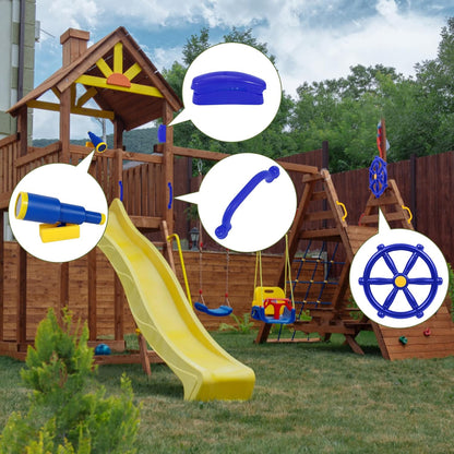 RedSwing Playground Accessories for Kids, Outdoor Swingset Attachments with Pirate Ship Wheel, Toy Telescope, Telephone and Safety Handles (Yellow and Green)