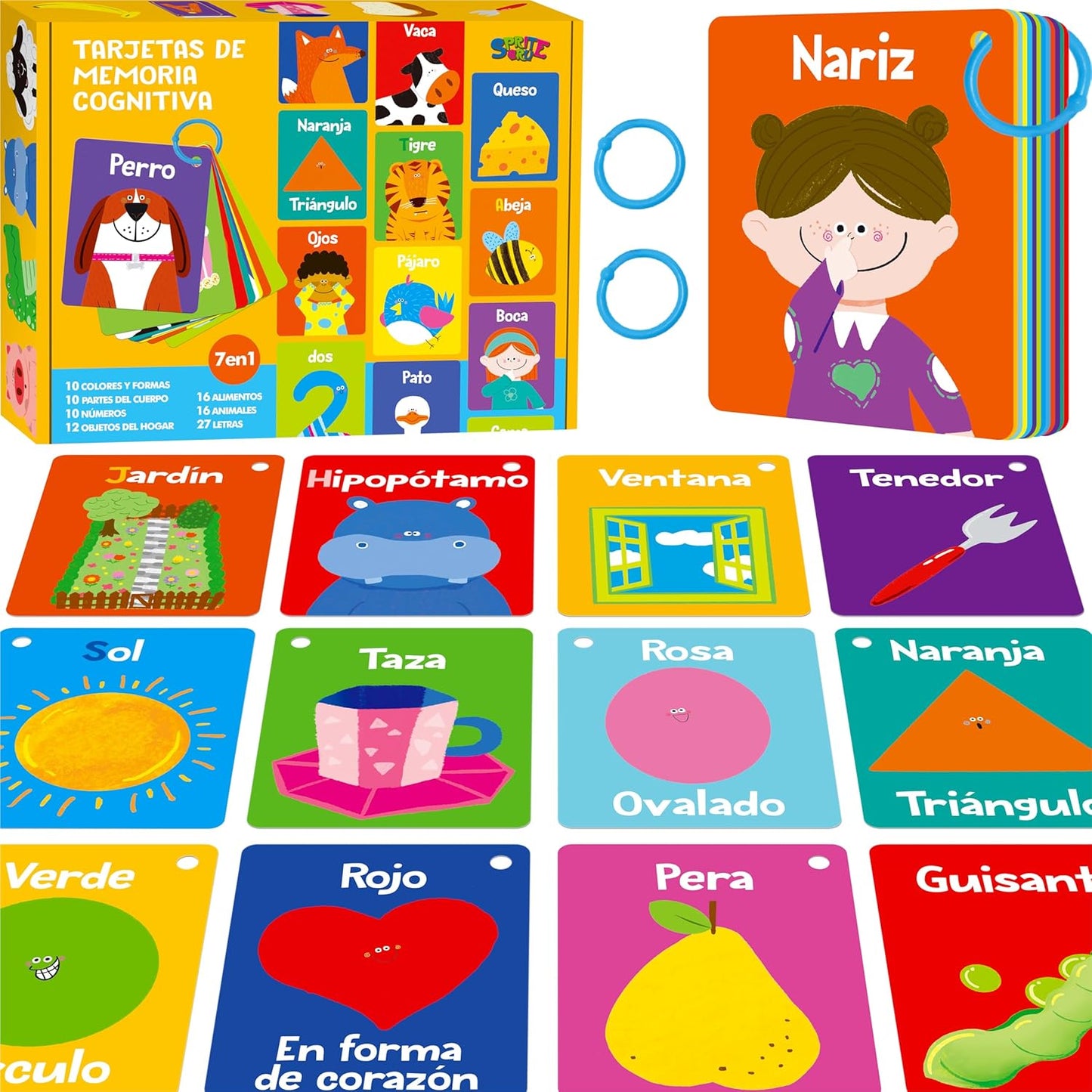 50 PCS Kid First Cognitive Flashcards,Double Sided Printed 7 in 1 Colorful Cards Alphabet,Numbers, Foods,Animals,Shapes,Colors with 3 Reclosable Rings,Learning Tool for Pre-K Kindergarten Toddlers