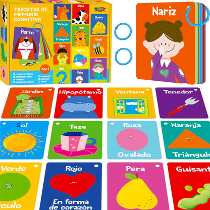 50 PCS Kid First Cognitive Flashcards,Double Sided Printed 7 in 1 Colorful Cards Alphabet,Numbers, Foods,Animals,Shapes,Colors with 3 Reclosable Rings,Learning Tool for Pre-K Kindergarten Toddlers