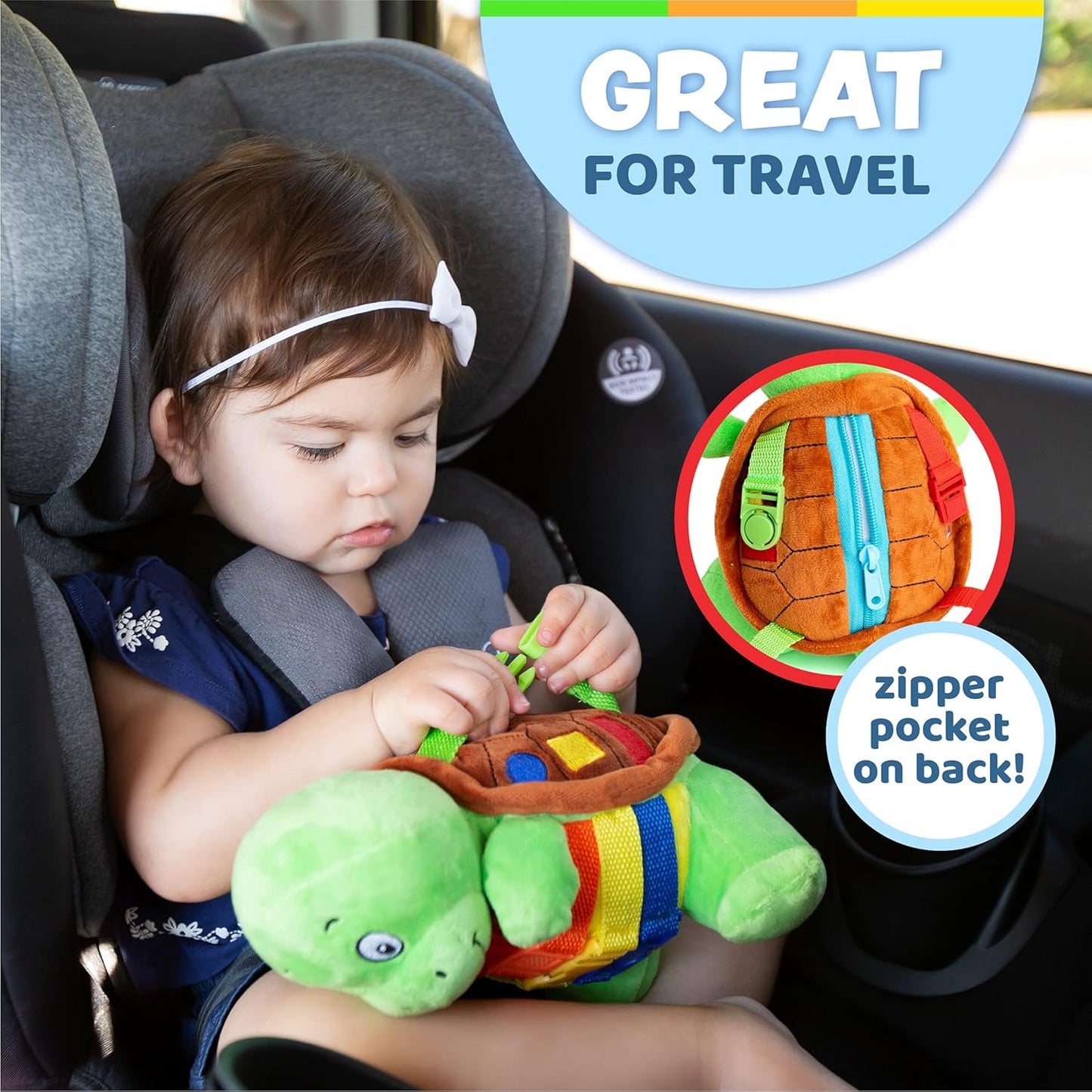 Buckle Toys - Belle Turtle - Learning Activity - Develop Motor Skills and Problem Solving - Counting and Color Recognition - Airplane Travel Essentials - Kids Stuffed Animal