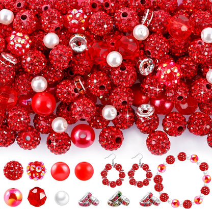 300 Pcs Diamonds Beads for Jewelry Making, Included 10 mm Red Rhinestone Beads for Bracelets, Bubblegum Bead for Pen Making, Pearl and Spacer Bead for Bracelet Necklace Earring Crafting