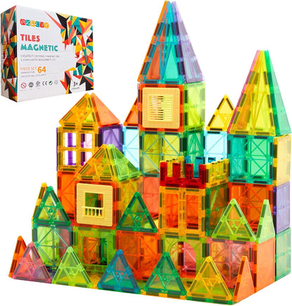 OugerToy 32-Pack Magnetic Tiles–Rainbow Builder Set, 2.95in STEM Construction Kit with Transparent Windows, Expand Creative Play for Kids