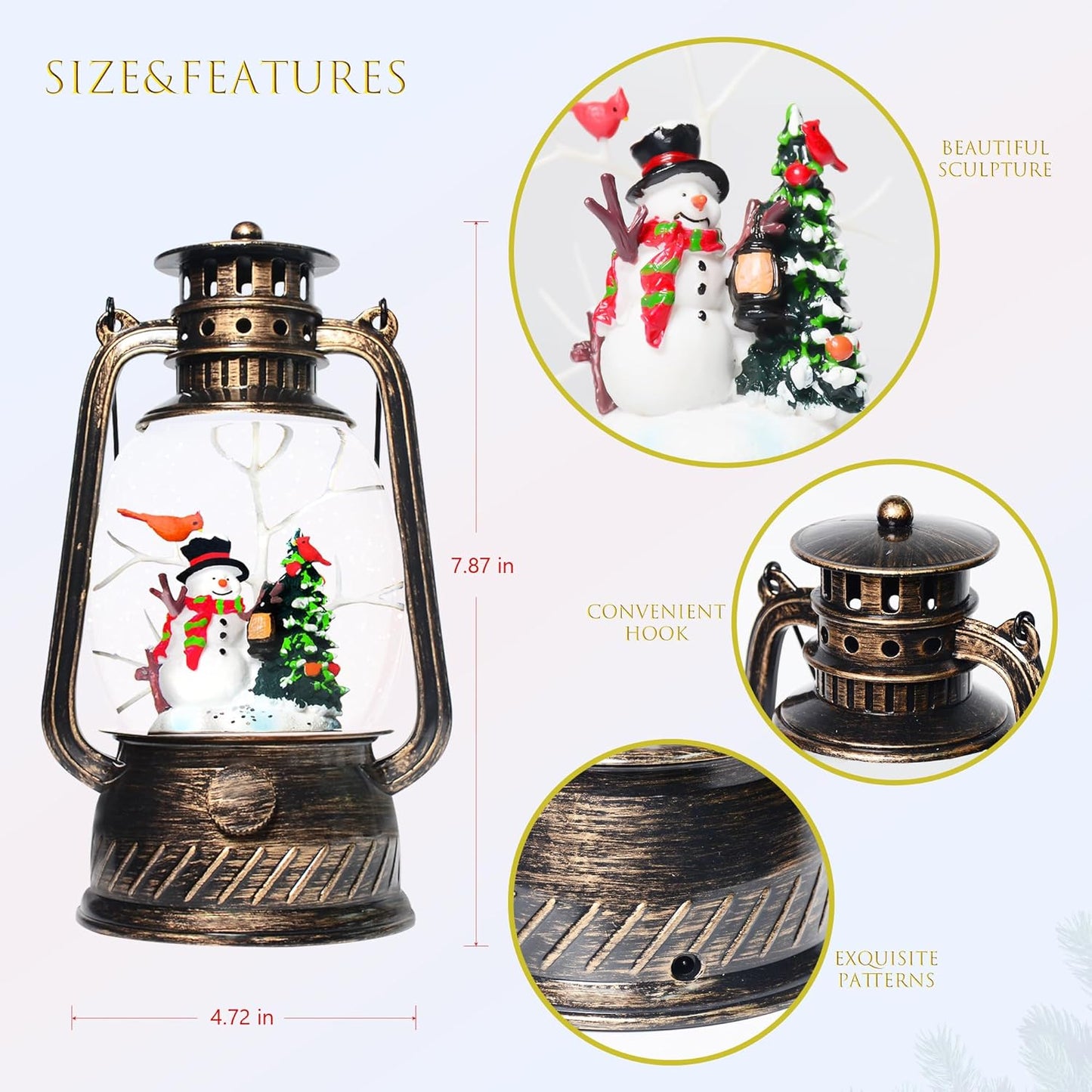 Musical Christmas Snow Globes Lantern, 7.87" Lighted Electric Snowglobes with 8 Holiday Songs 6H Timer Dual Power, Snowman Christmas Ornaments Snow Globe for Kids Adults Xmas Decor Gifts for Men Women