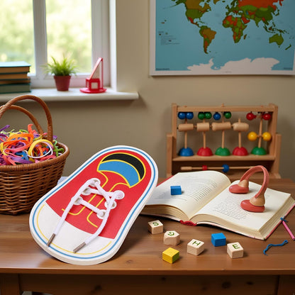 Wooden Threading Shoes Training Board, Learn to Tie Laces, Wooden Learn to Tie Your Own Shoes Threading Lacing Shoes Training Early Learning Kits | Threading Lacing Shoes Training Board Early Learning