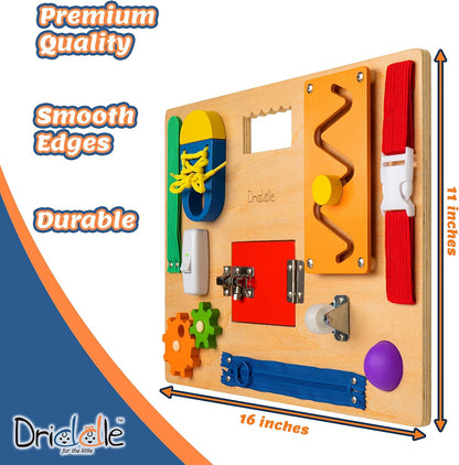 Driddle Busy Board - Wooden Montessori Activity Board for Toddlers & Kids - 12 Educational Sensory Toys to Learn Basic Life Skills & Develop Fine Motor Skills + Baby Mirror