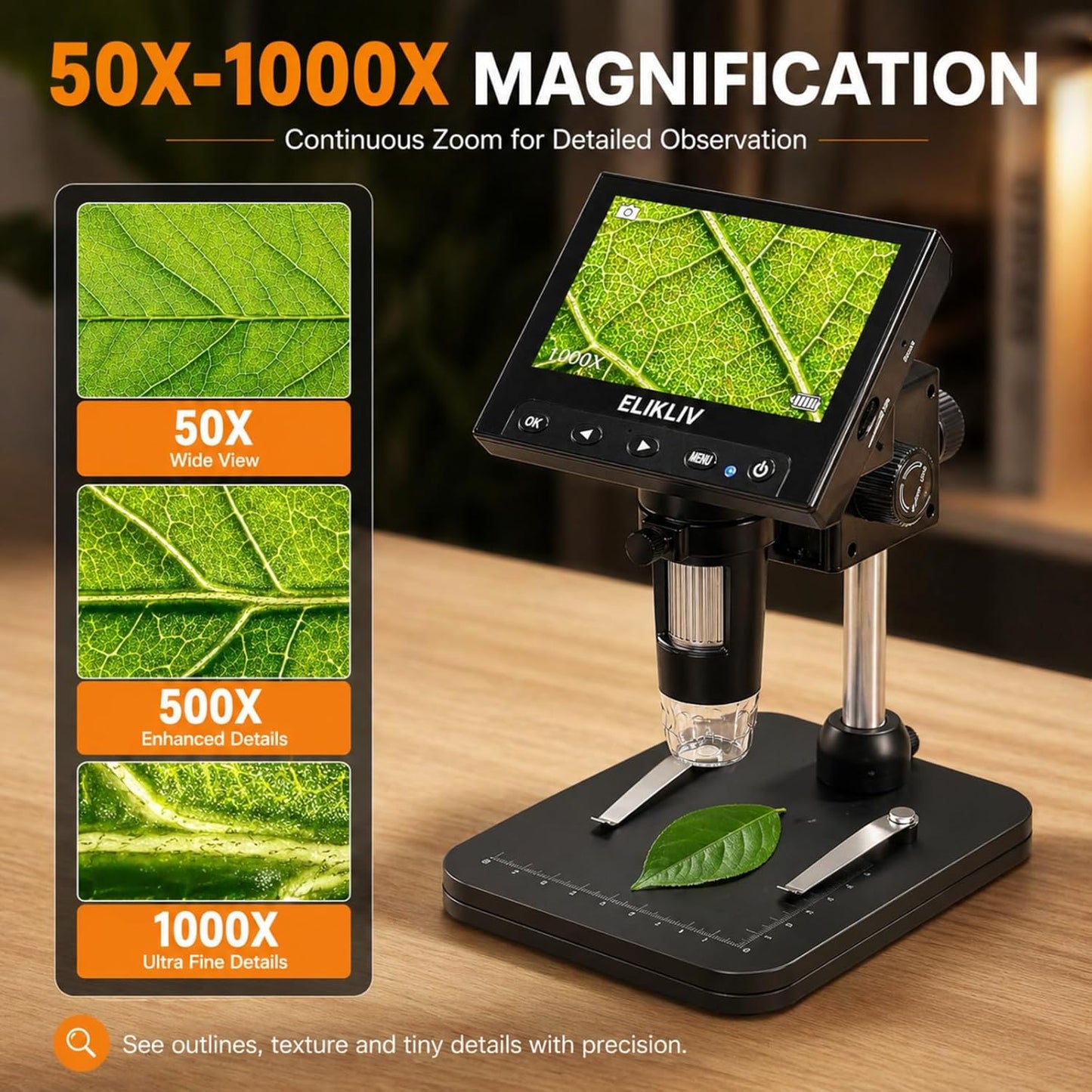 Elikliv Microscope, LCD Digital Coin Microscope 1000x, Coin Magnifier with 8 Adjustable LED Lights, PC View Compatible with Windows/MacBook, EDM4, 4.3-Inch