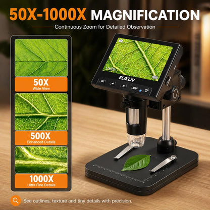Elikliv Microscope, LCD Digital Coin Microscope 1000x, Coin Magnifier with 8 Adjustable LED Lights, PC View Compatible with Windows/MacBook, EDM4, 4.3-Inch