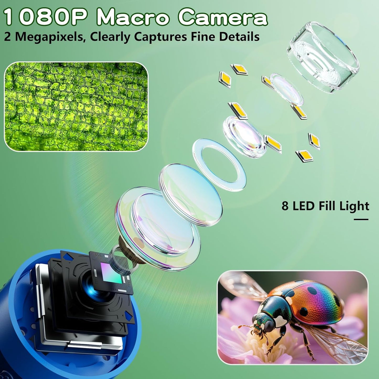 Odatay Microscope for Kids with 12 Slides, 100X-1000X 1080P Digital Handheld Kids Microscope, Mini Portable Pocket Miniscope Science Toys Gifts for 3+ 4 5 6 7 8 9 10 11 12 Year Old Boys Girls, Blue