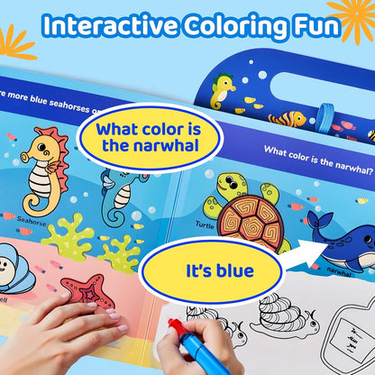 JoyCat Ocean Water Coloring Book for Toddlers 3-5, Reusable No-Mess Water Painting Book with Water Pen, 13 Activity Pages, Travel Toy Gift for Boys & Girls