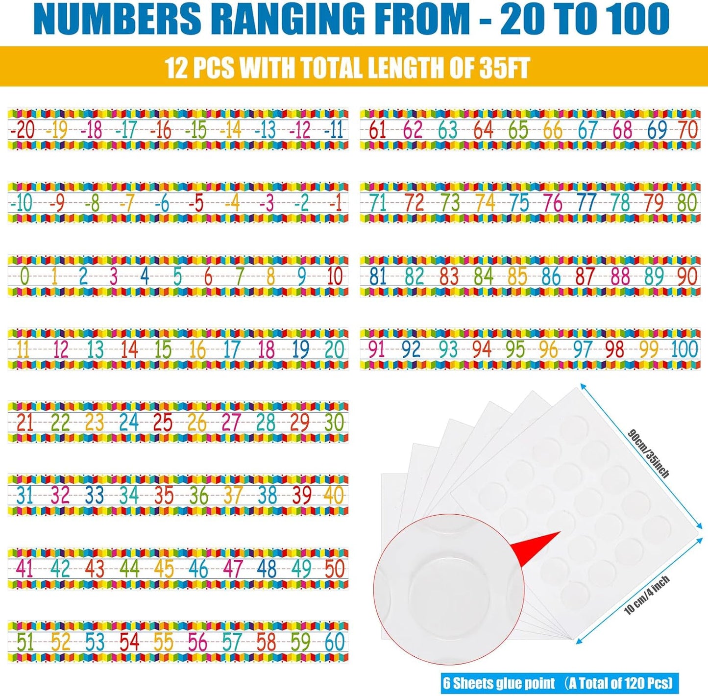 12 Pieces Number Line Bulletin Board Border Rainbow Number Border Poster -20 to 100 Number Line Strips Bulletin Board Decorations Set for Math Classes Preschool Elementary Classroom Wall Decor
