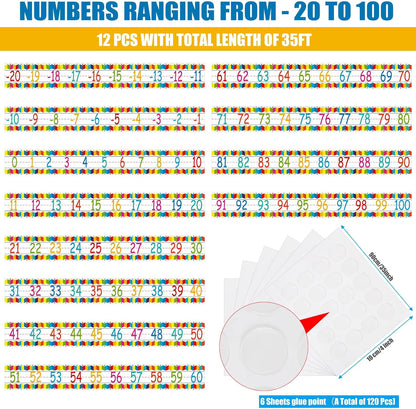 12 Pieces Number Line Bulletin Board Border Rainbow Number Border Poster -20 to 100 Number Line Strips Bulletin Board Decorations Set for Math Classes Preschool Elementary Classroom Wall Decor