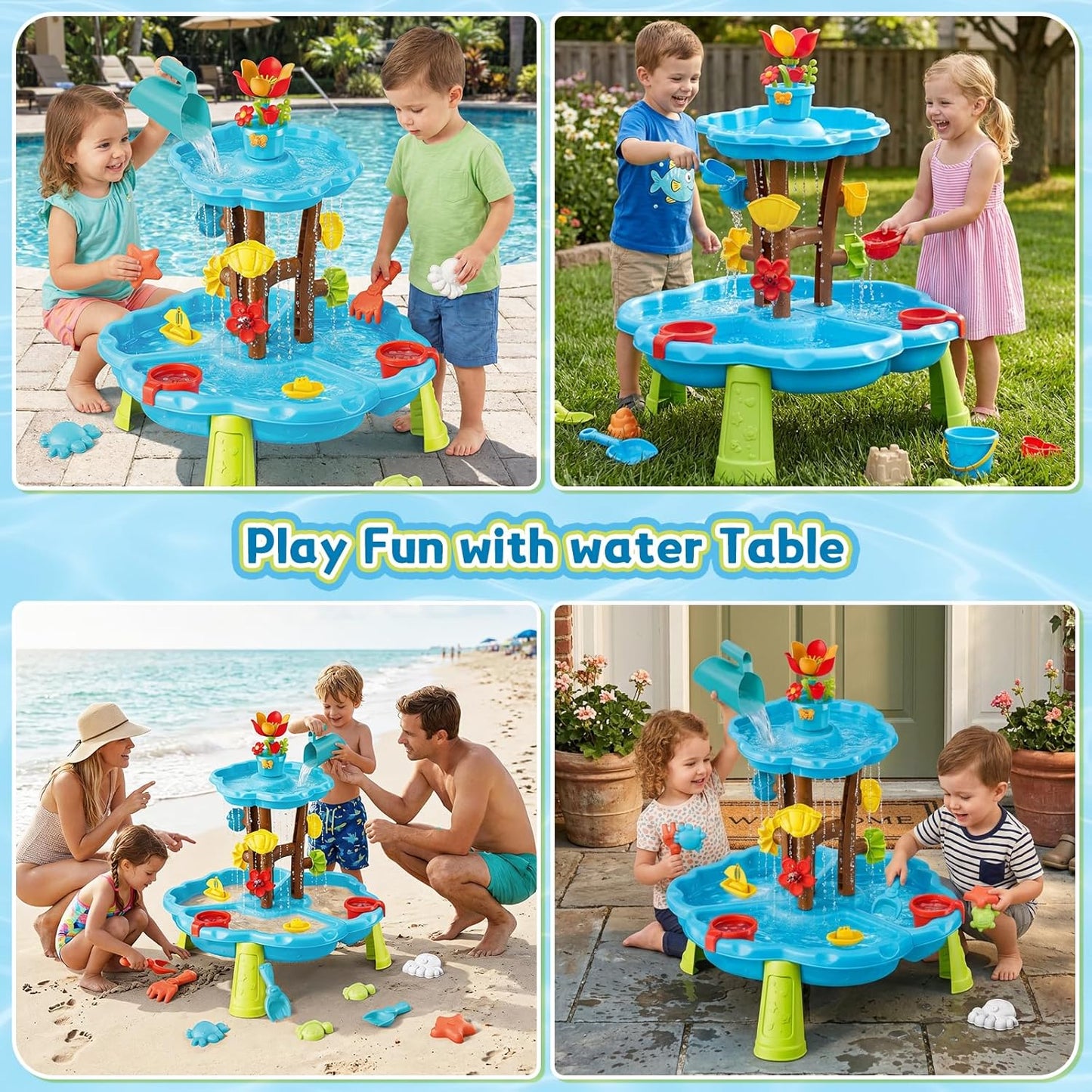 deAO Flower Water Sand Table for Kids 2-Tier Outdoor Water and Sand Play Table Toy Set with 11 Piece Water Toy Accessories Summer Gift for Boys Girls