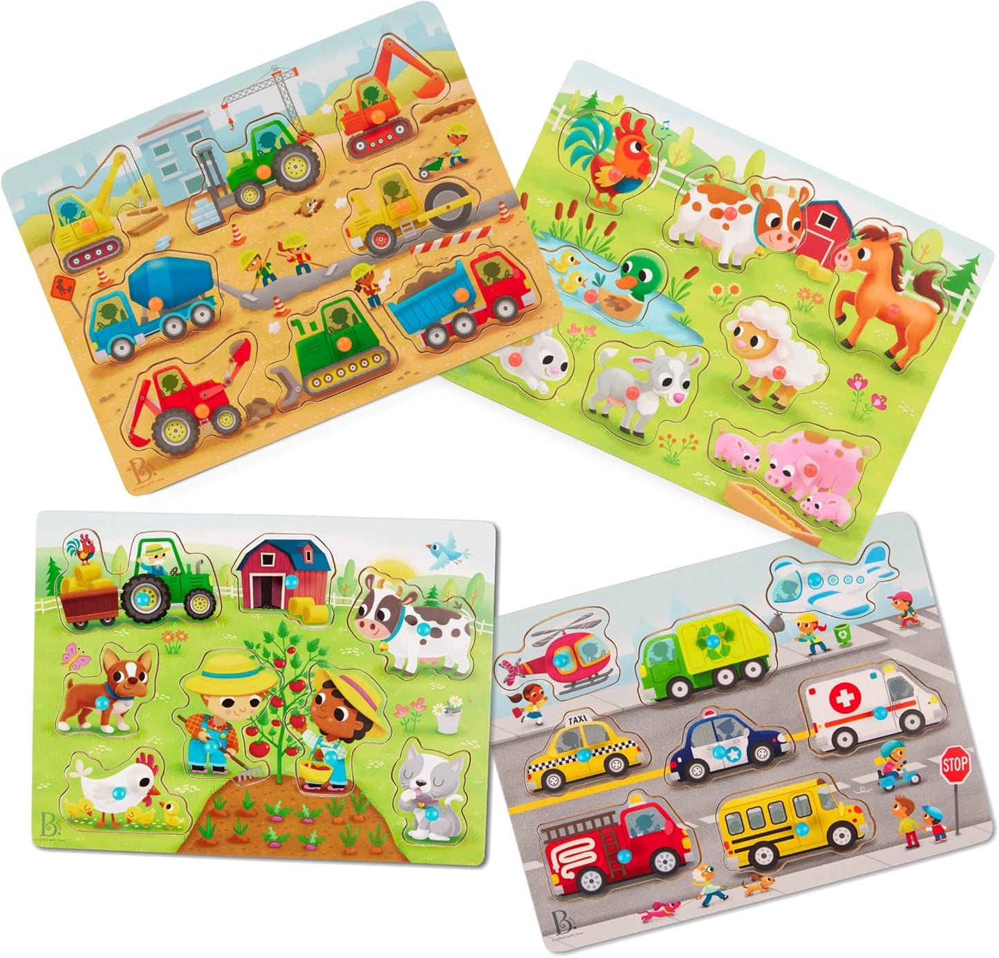 B. toys – Peek & Explore – Vehicles – Wooden Peg Puzzle for Toddlers, Kids – 8 Pieces – Fire Truck, Airplane, Taxi & More – 2+ Years