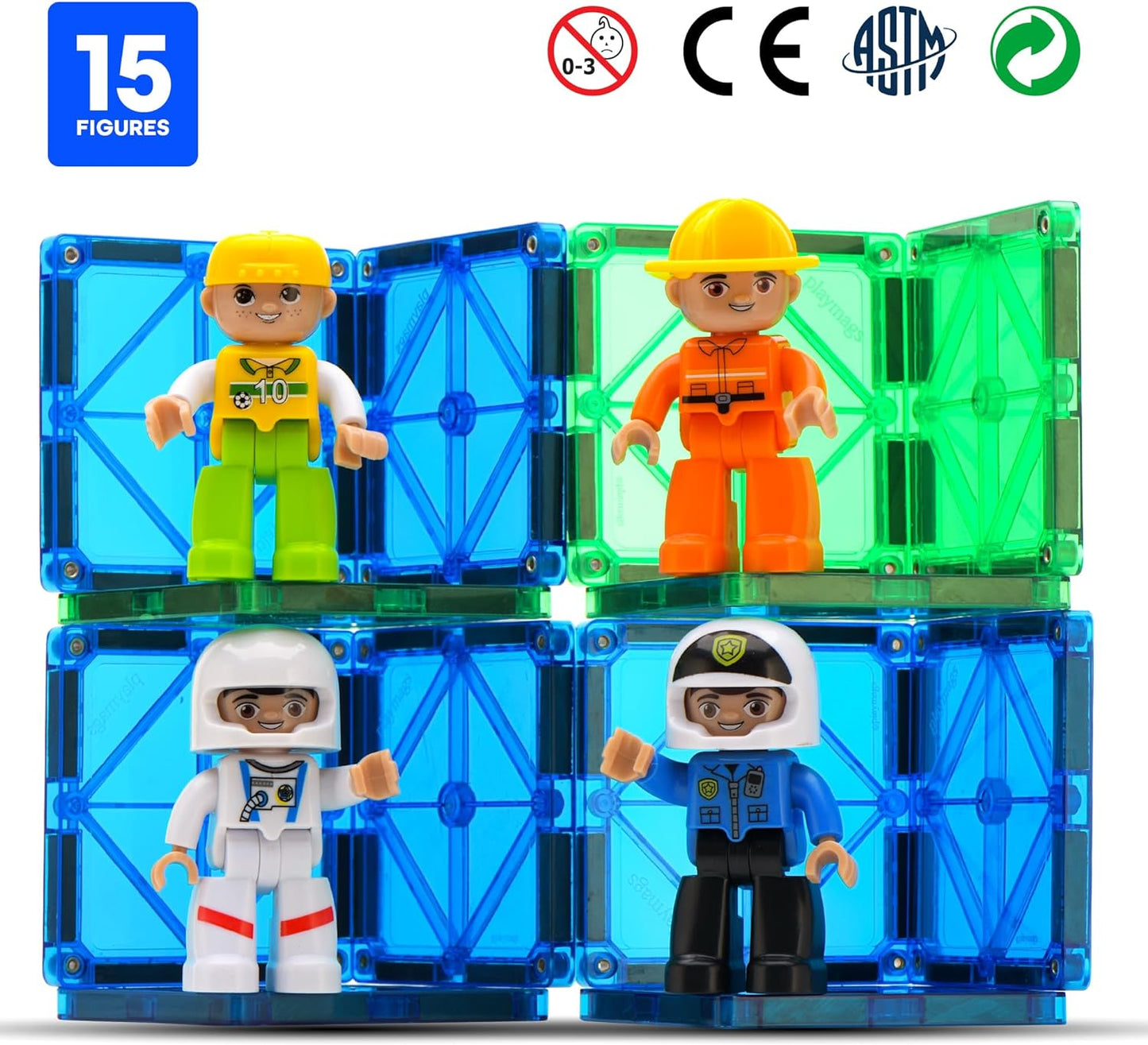 Playmags Magnetic Tiles for Kids 100-Piece Set, STEM Educational Building Blocks Toys for Kids, Includes Click-in ABC Learning Tiles, Gift for Boys & Girls, Add on Magnetic Figures, Car Set Available