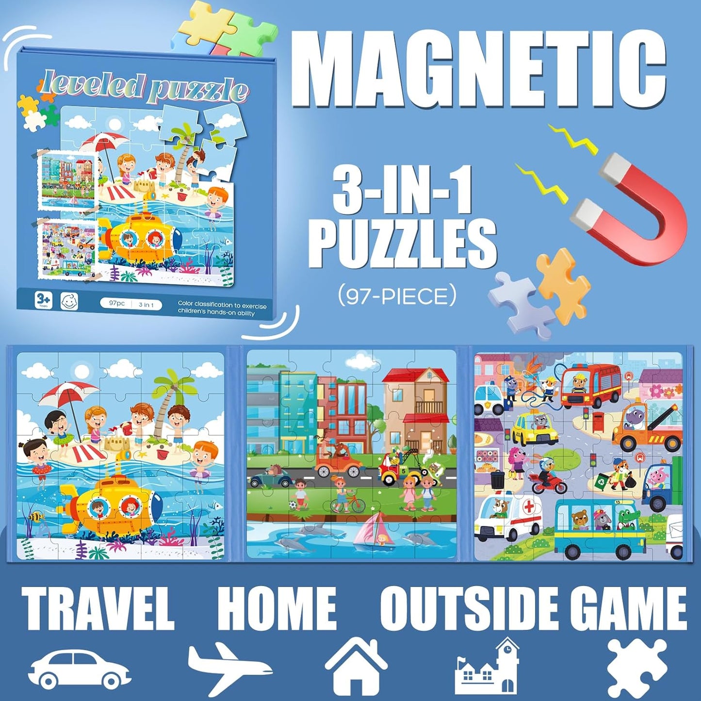 Magnetic Puzzles for Toddlers 3-5, 75-Pieces Travel Toys, Animal Jungle Puzzles Ages 4-6, Educational Learning Magnets, Road Car Trip & Airplane Activities Toys for 3 4 5 6 7 Girls Boys Gift
