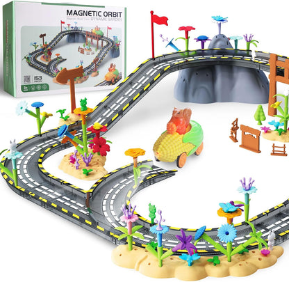 150PCS Magnetic Tiles Road Set with Marble Run, Preschool Magnet Tiles Included Magnetic Cars. STEM Magnetic Tiles for Kids, Preschool Educational Building Toys for Boys & Girls